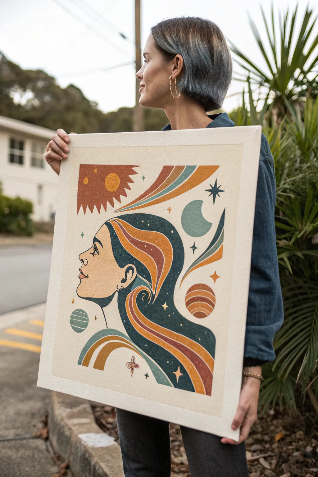 Dreamy retro mindscape: a minimalist head silhouette blooming into trippy melting planets and waves