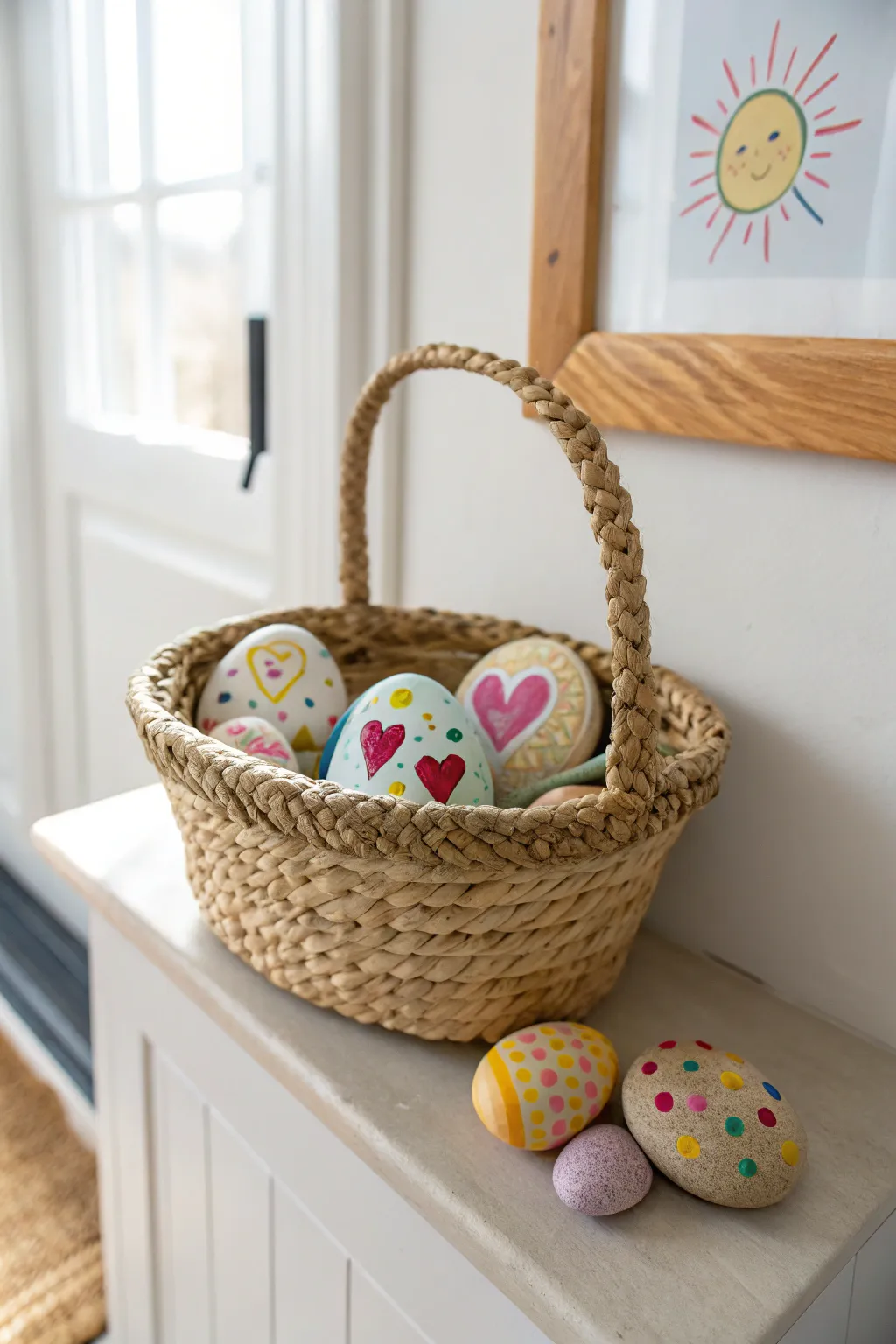 Bright painted rocks in a woven basket by the door, a sweet kid-friendly way to share kindness.