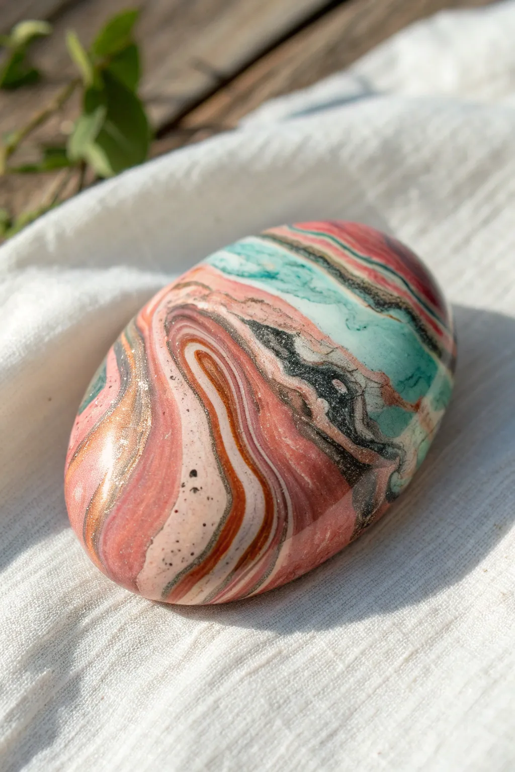 Glossy marbled pour-effect rock in calming boho hues, perfect fluid-art inspiration.