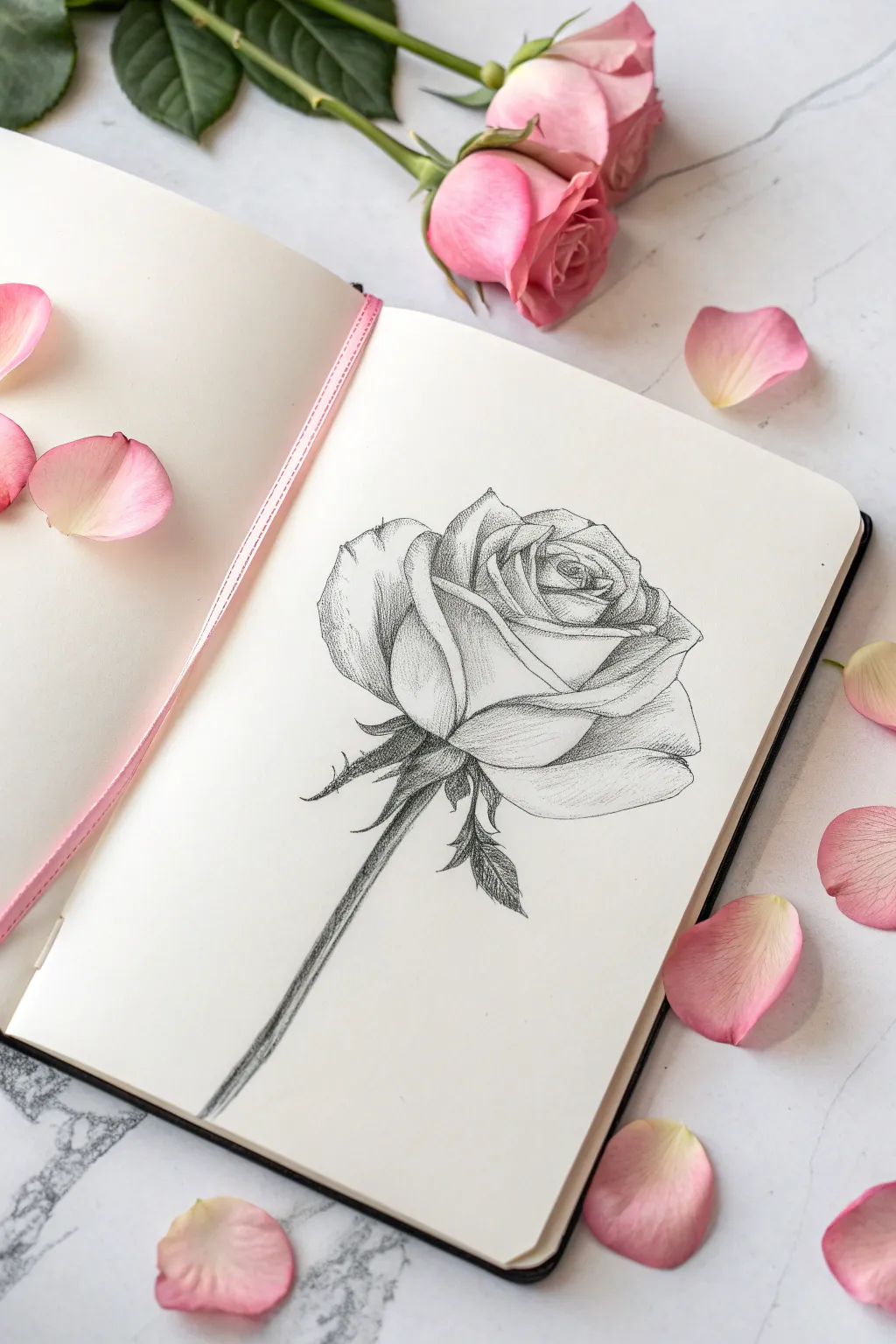 Graphite rose sketch with a soft blush accent, minimal and calming Scandinavian boho feel