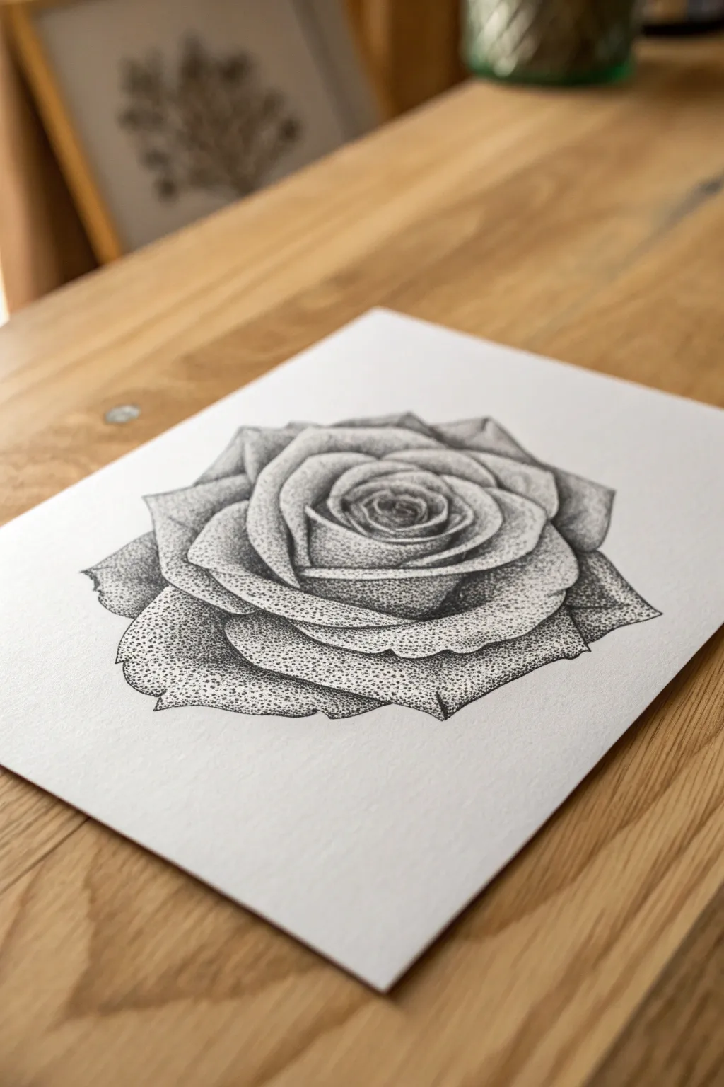 Stipple your way to velvety petals with this minimalist rose dotwork study in soft light.