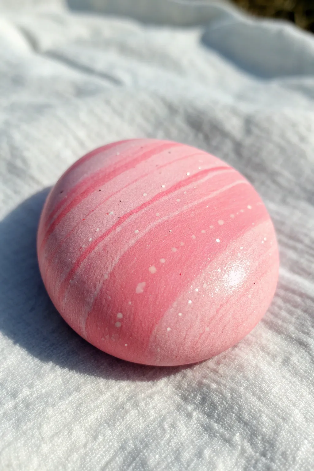 Paint a round rock into a glossy 3D button candy pop with crisp highlight and shadow