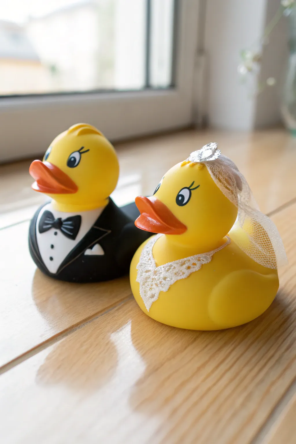 Create a unique wedding gift with these adorable hand-painted bride and groom rubber ducks.