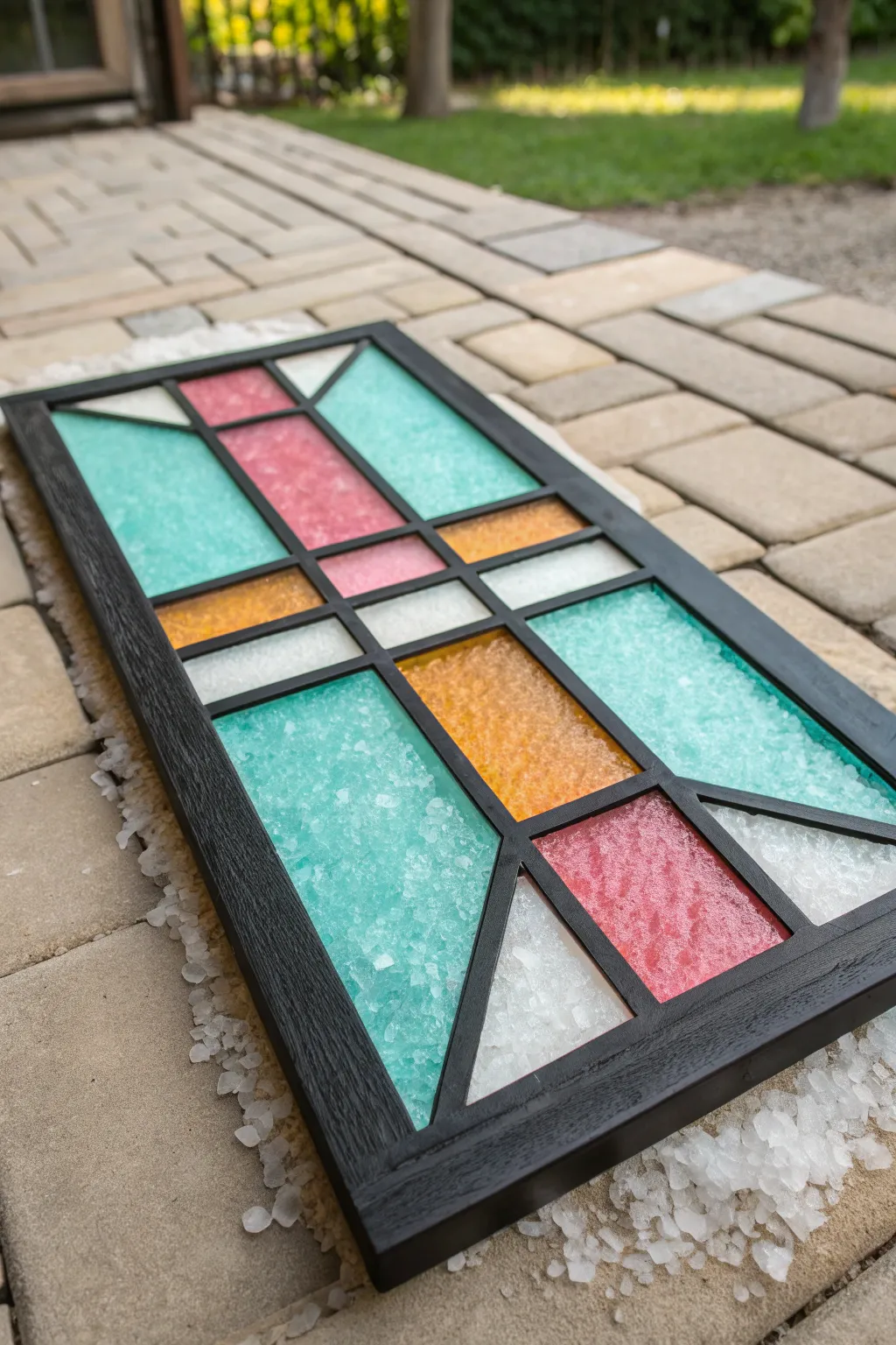 Create faux stained glass with raised glue and salt for sparkling, jewel-toned panels.