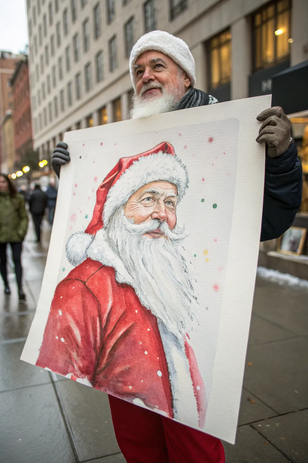 Loose watercolor Santa with blooming red splashes and airy beard washes, clean minimalist look