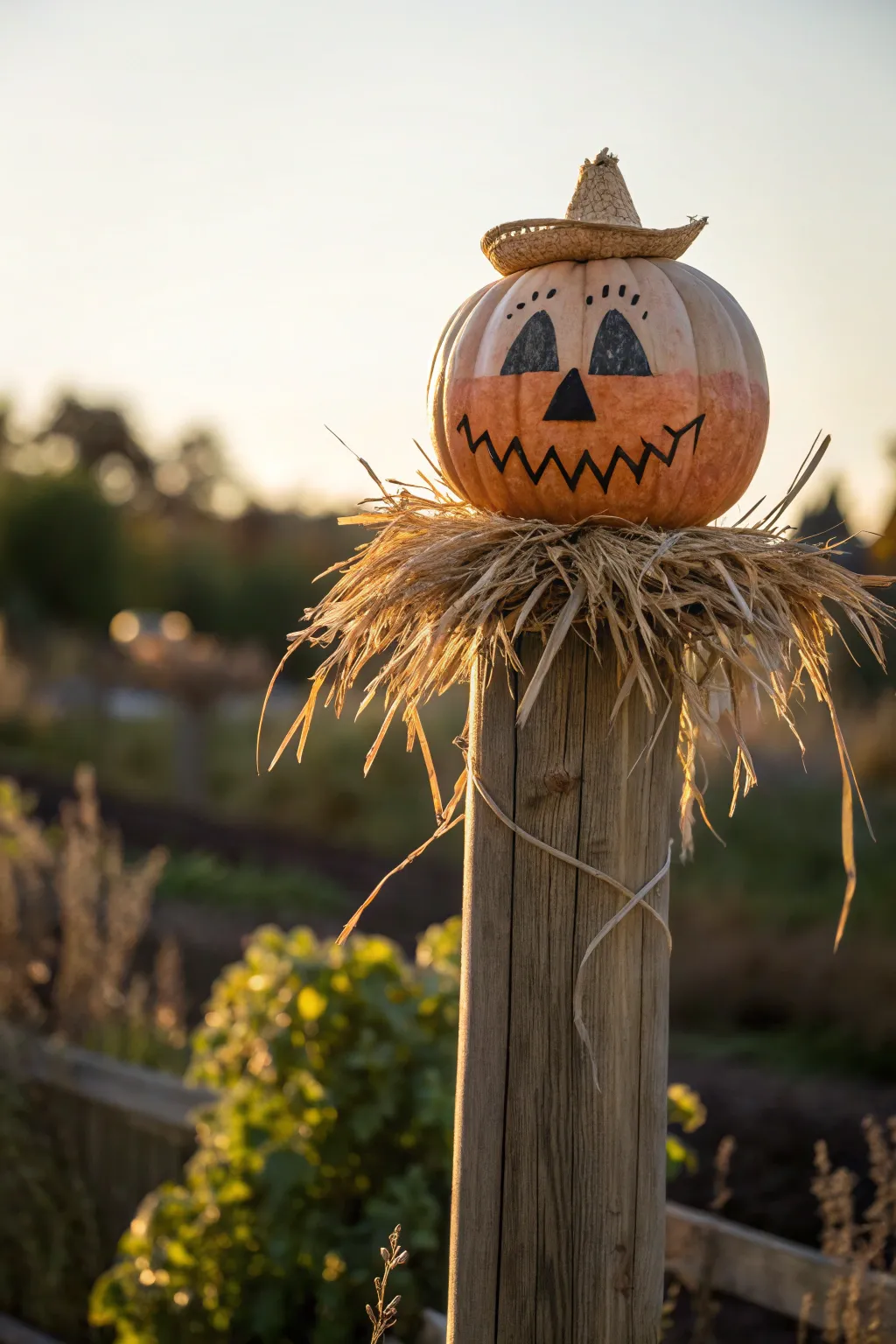Garden post scarecrow pumpkin totem with straw collar, crisp focus and soft green bokeh