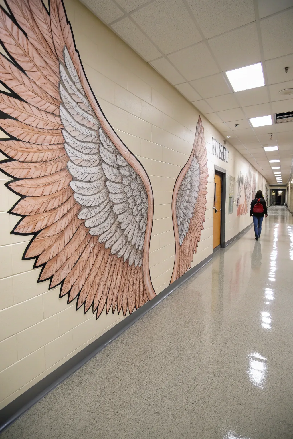 Minimalist school wings mural with a centered standing spot, made for an interactive photo moment.