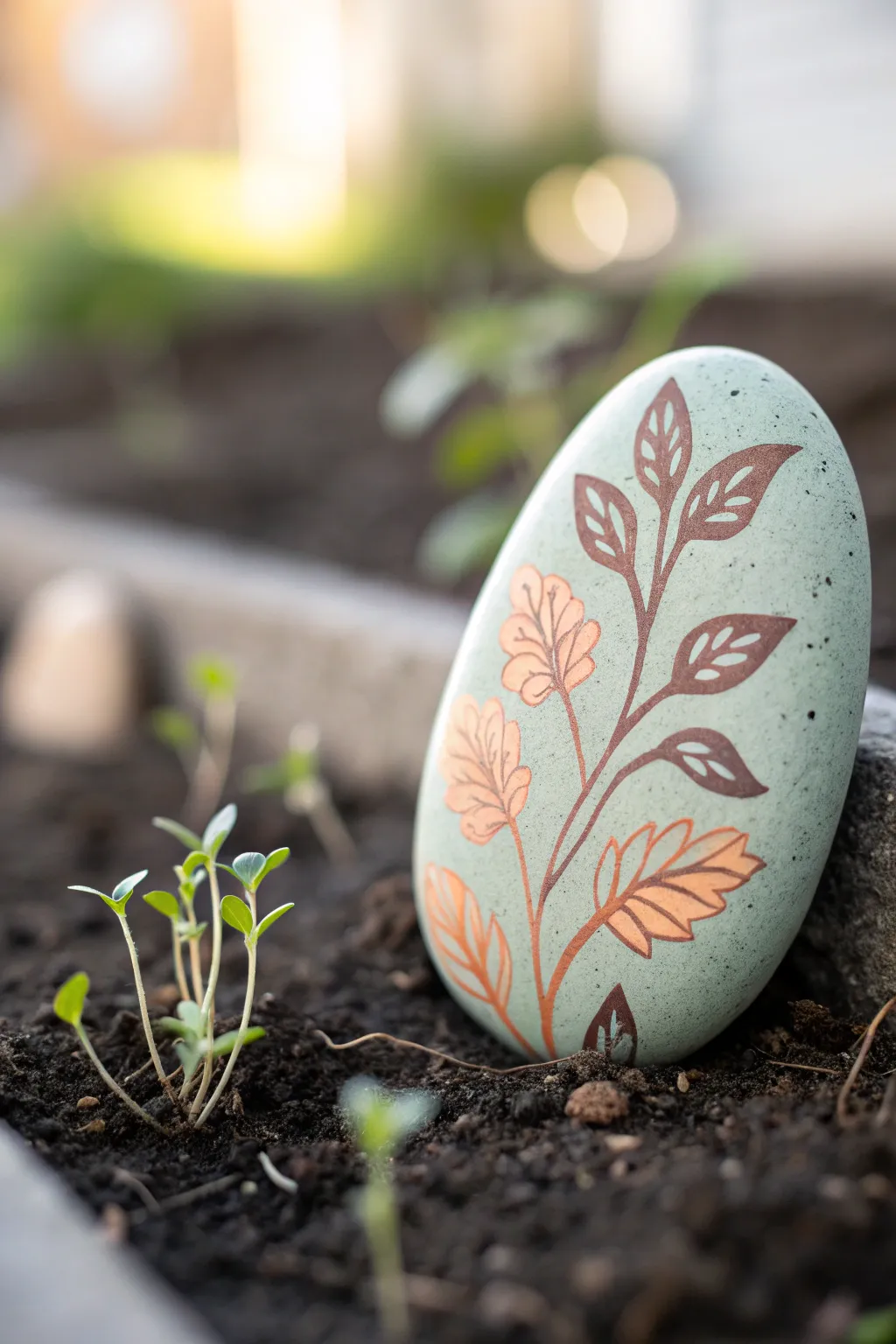 Minimalist painted garden marker rock for a school plot, nestled by new sprouts in dark soil.