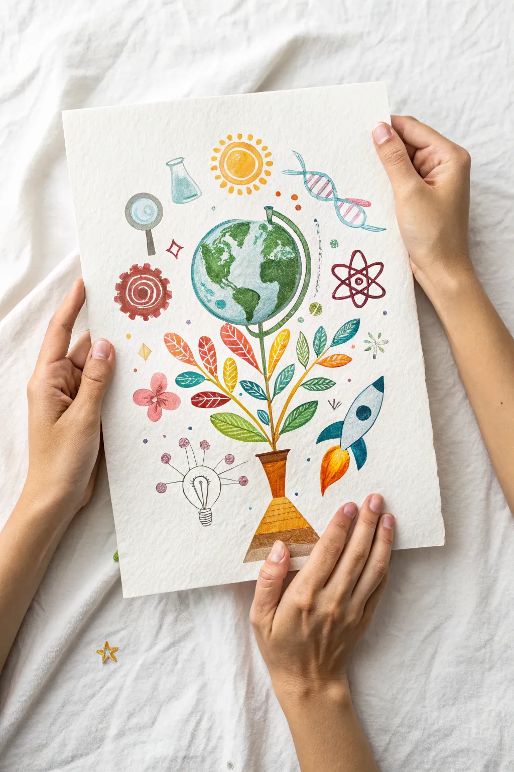 Colorful science globe collage drawing idea: hands cradle Earth with vibrant icons blooming above.