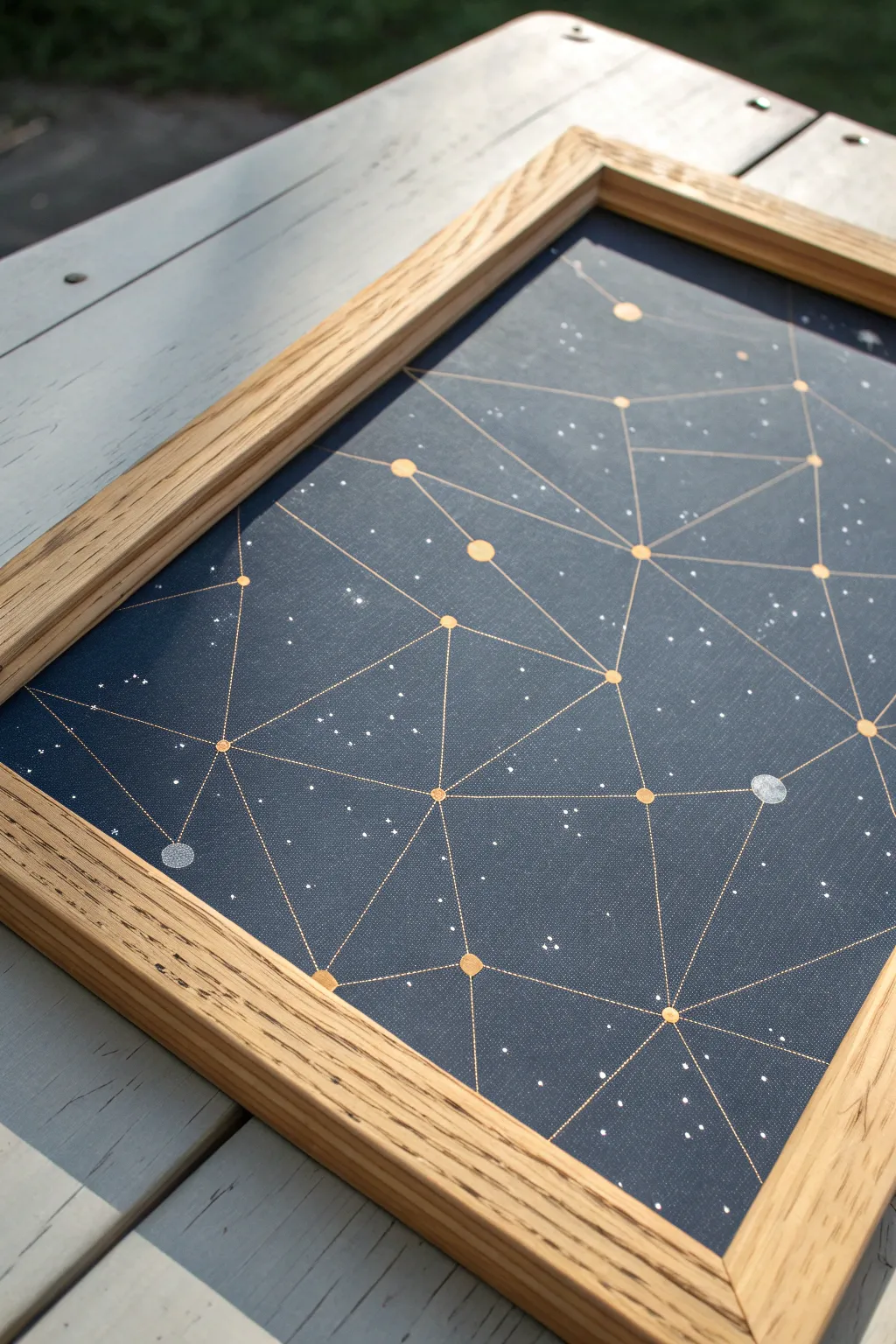 Metallic constellations on a painted screen, shimmering softly against the dark mesh