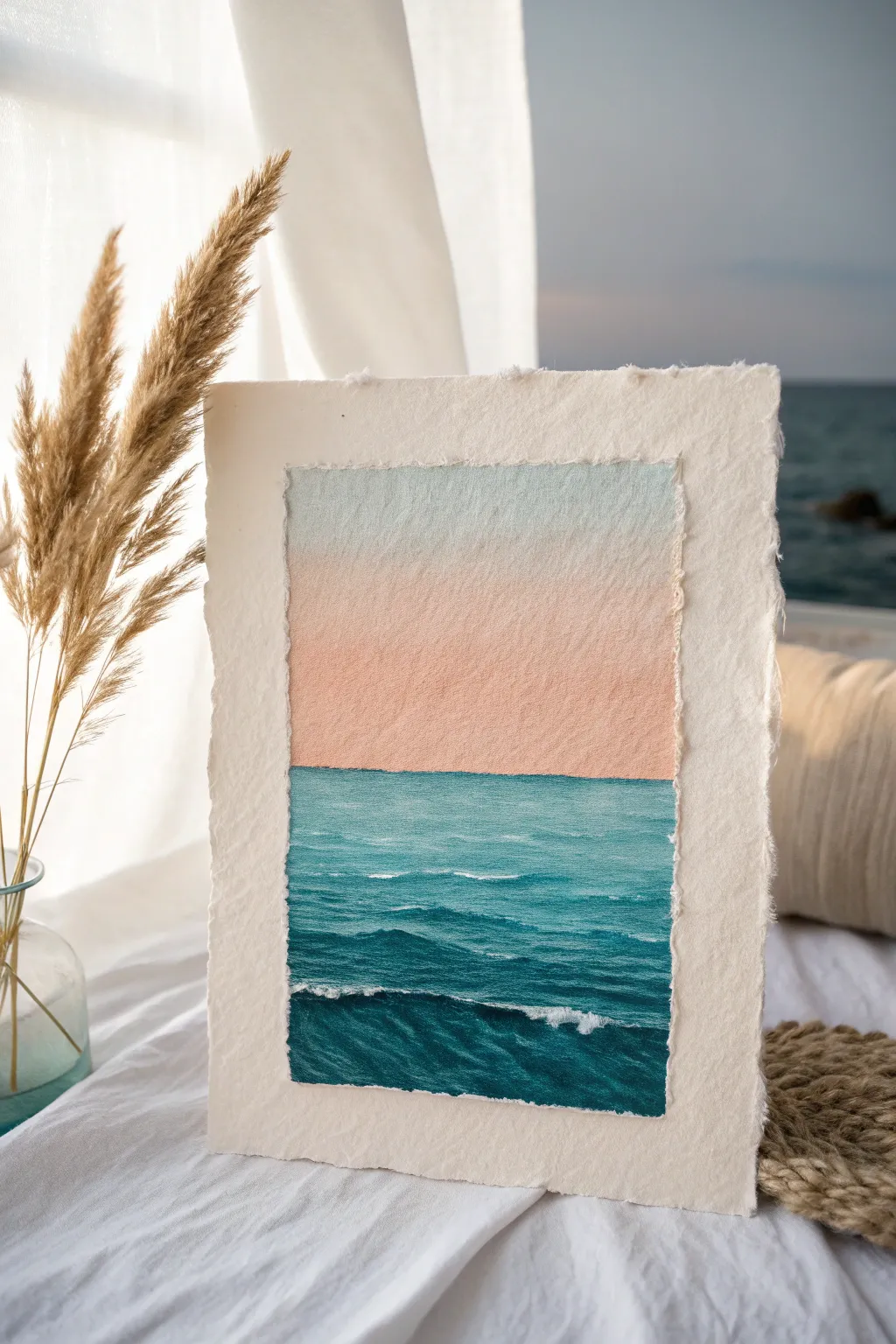 Minimalist two-tone seascape with blush sky, deep teal ocean, and a razor-sharp horizon line