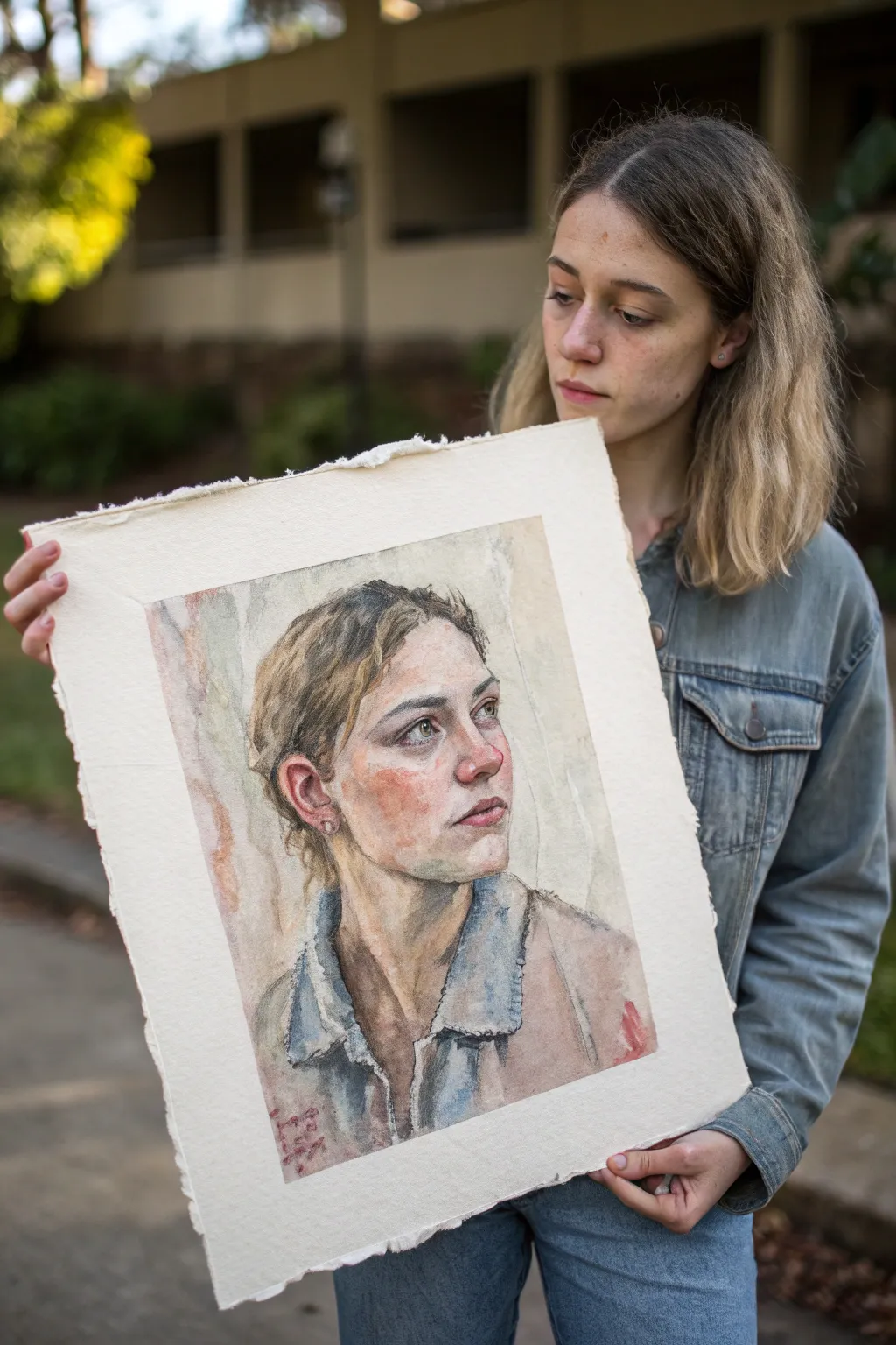 Mixed media collage self-portrait with painted face and layered paper textures in calm neutrals.