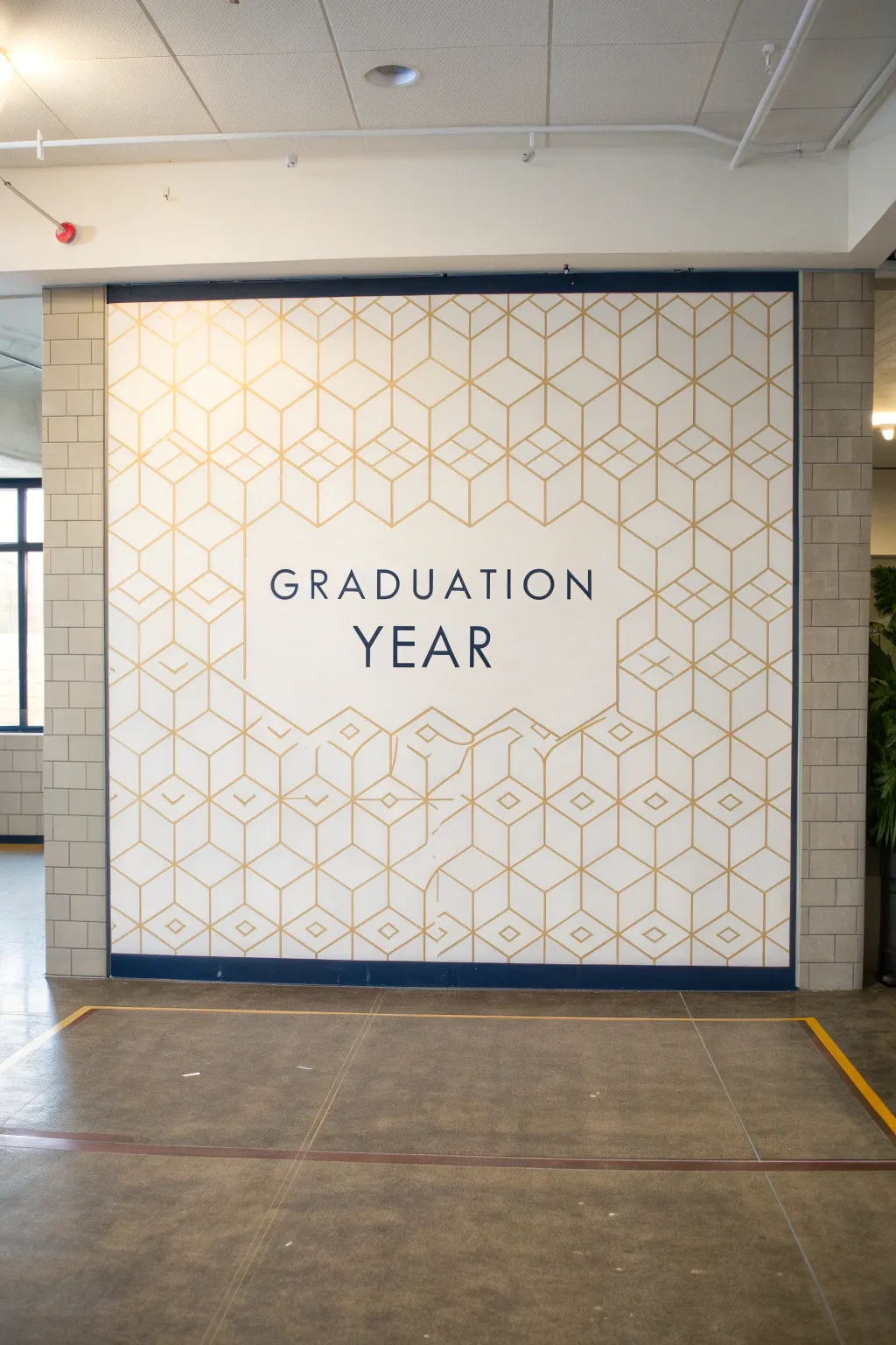 Modern geometric senior mural with hidden graduation year in crisp school colors and clean lines.