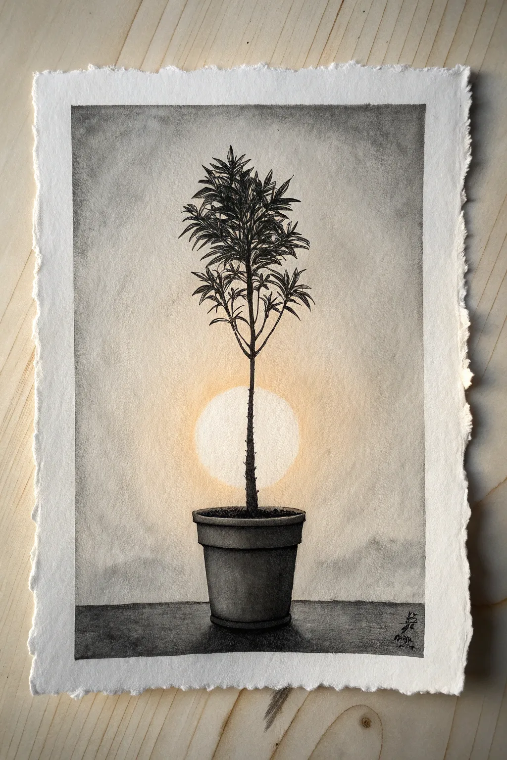 Backlit plant silhouette shading idea: bold darks with a soft, glowing sky gradient