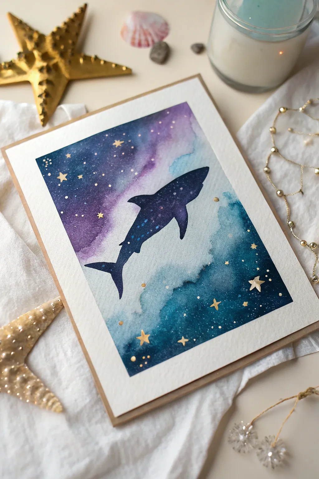Surreal galaxy shark silhouette in minimalist watercolor, dreamy cosmic contrast and soft glow