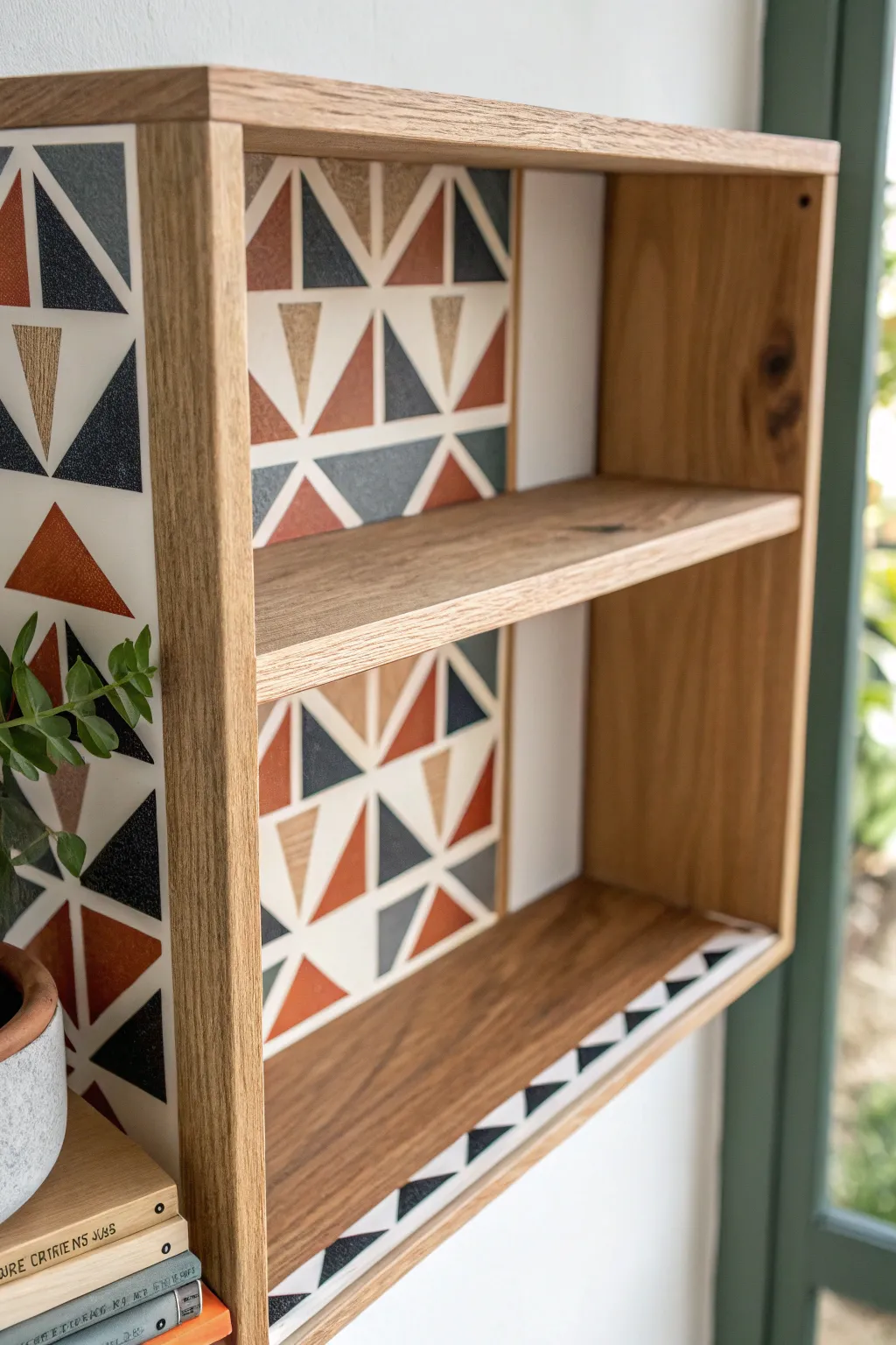 Geometric paint bands wrapping the shelf corner for a crisp modern-meets-boho update.