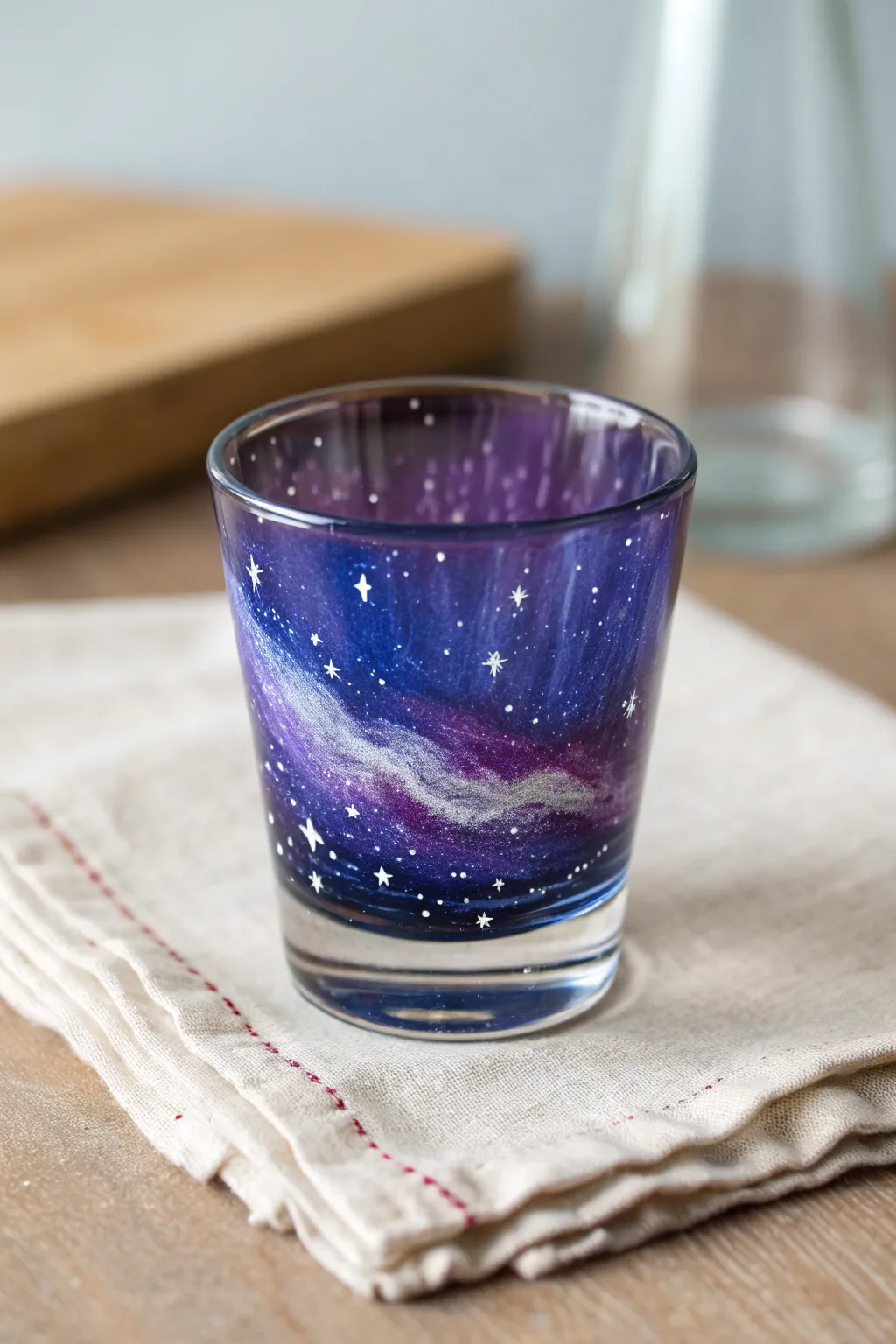 Deep indigo galaxy swirl on a shot glass, finished with delicate splatter stars