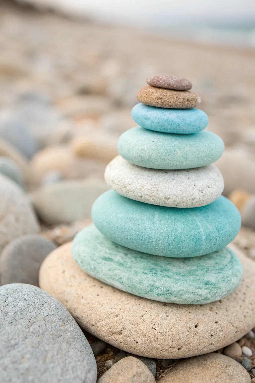 Sea-glass color blocks on a single beach stone, minimalist, soft pastels with warm sand contrast.