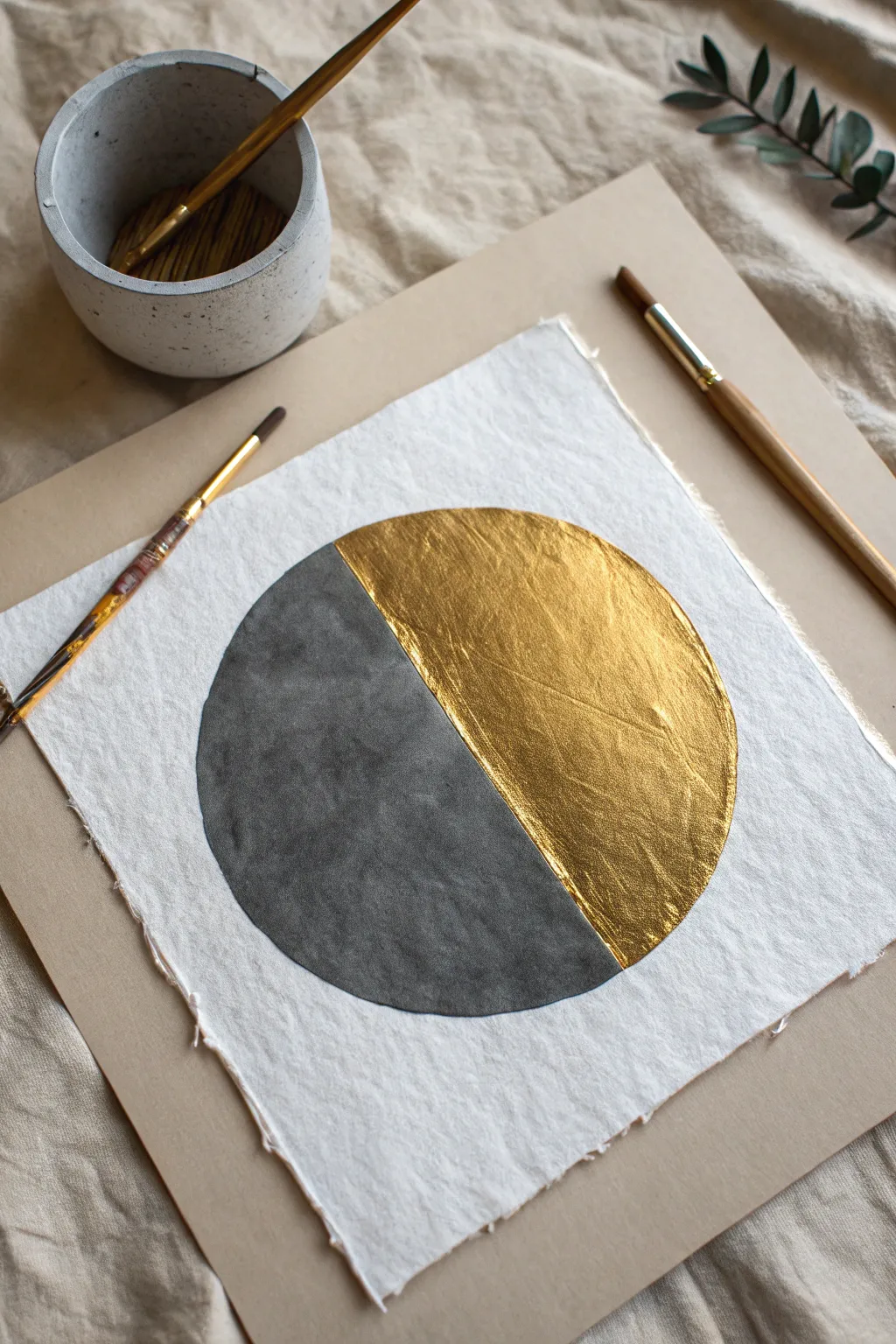 Elevate simple circle art with shimmering metallic gold leaf details for a luxe finish.