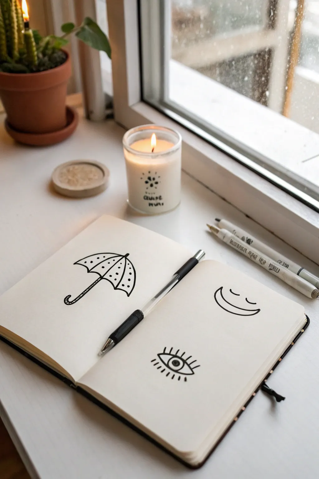 Simple icon doodles: candle, umbrella, and crayon with tiny faces for easy cute drawing ideas.