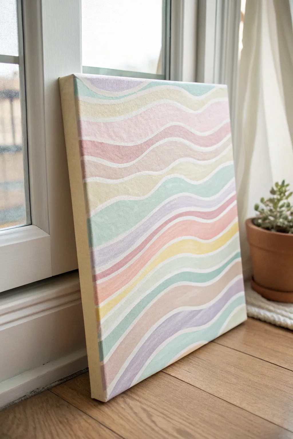 Cute wavy pastel stripes on a clean canvas, an easy minimalist painting idea for beginners