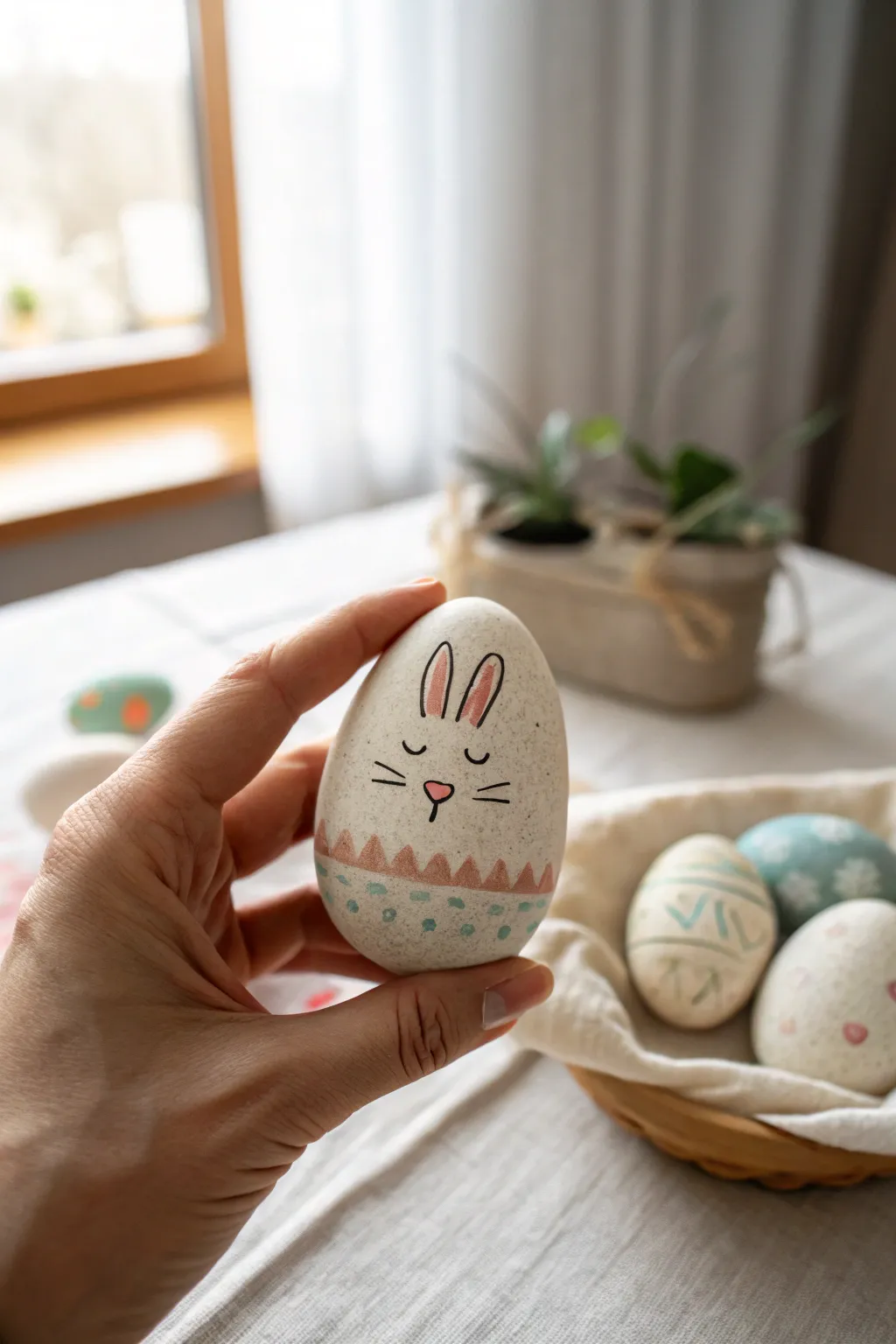 Easy Easter rock drawing: a smooth stone with a minimalist egg or bunny face in soft pastels