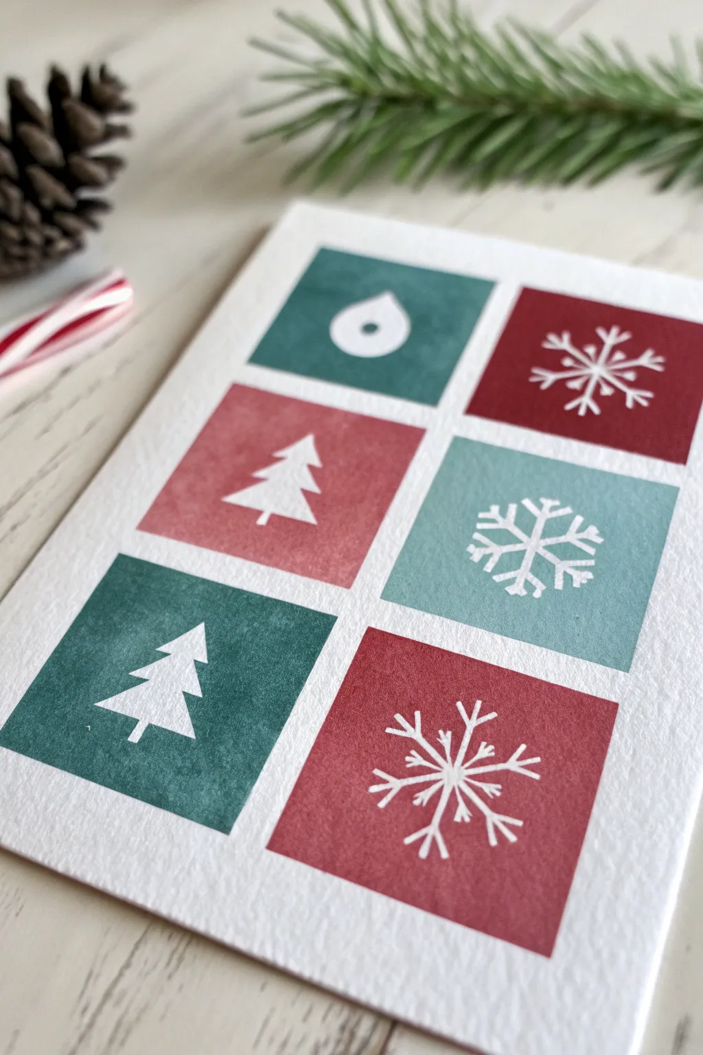 Modern Christmas color-block grid with tiny icons, minimalist boho palette and crisp contrast