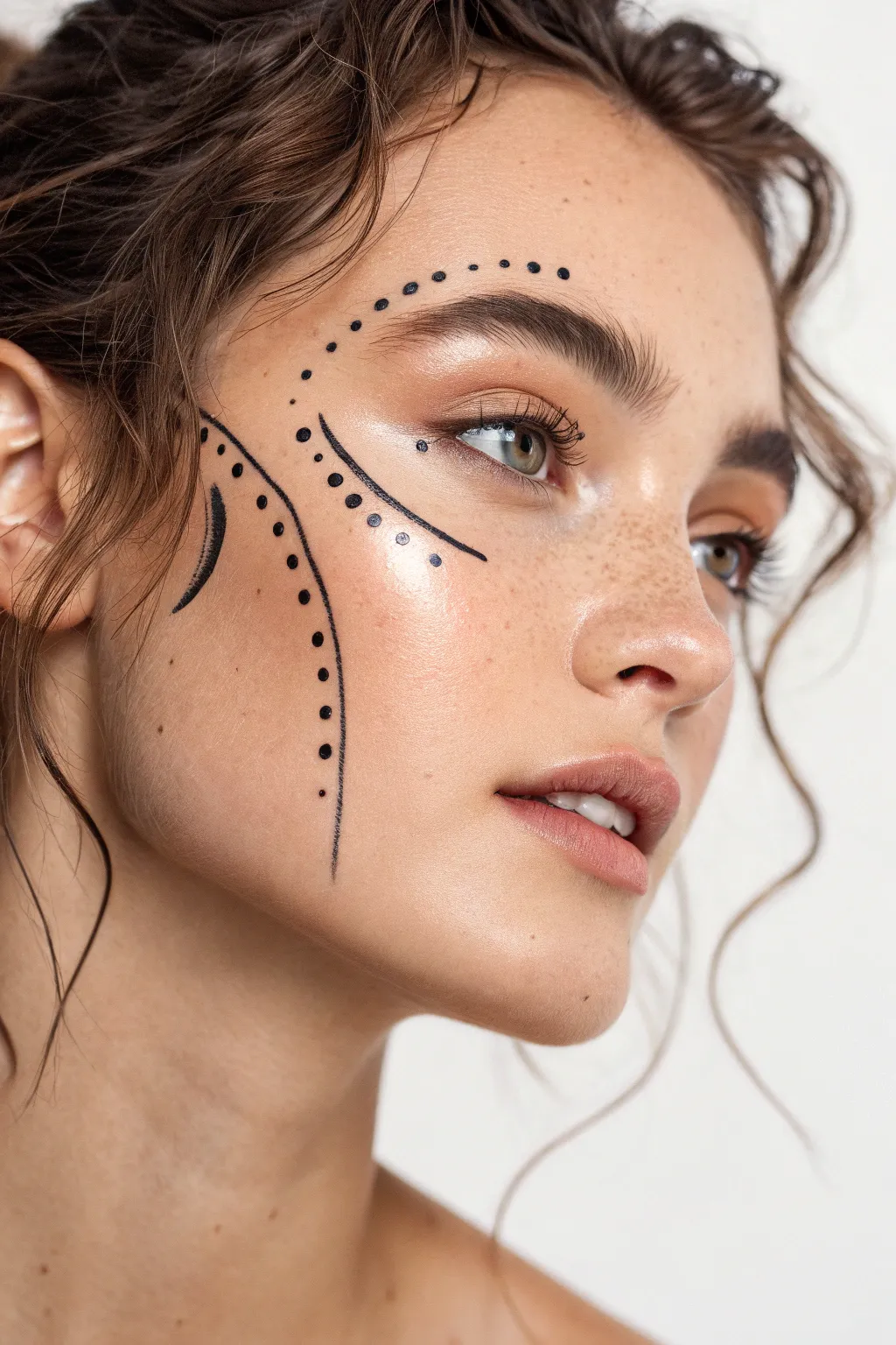 Minimal black line-and-dot face accent framing the eye with negative space and maximum impact.