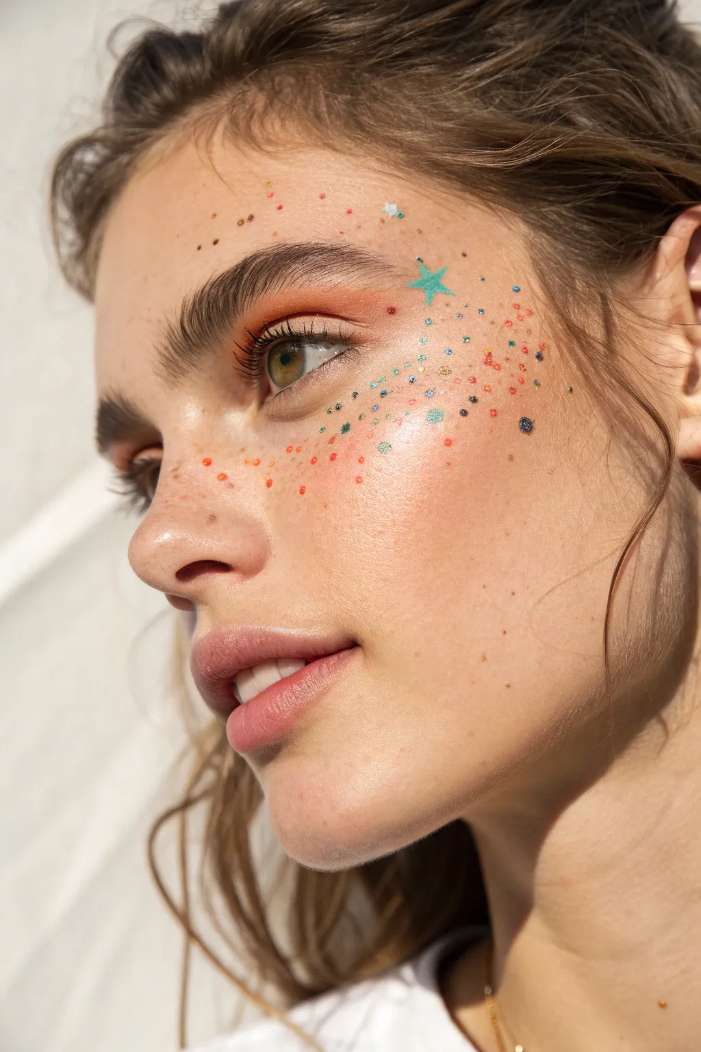 Playful paint-splatter freckles: colorful micro dots and tiny sparkles across one cheekbone.