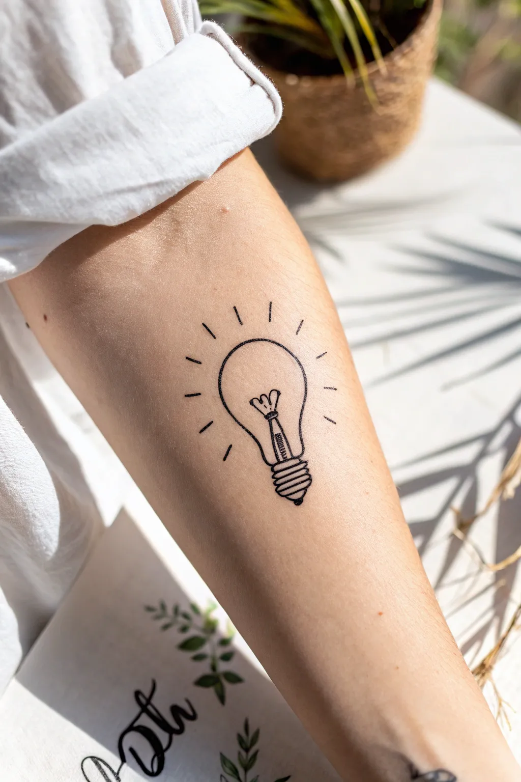 Minimal lightbulb tattoo sketch, centered and crisp, for a clean spark of inspiration.