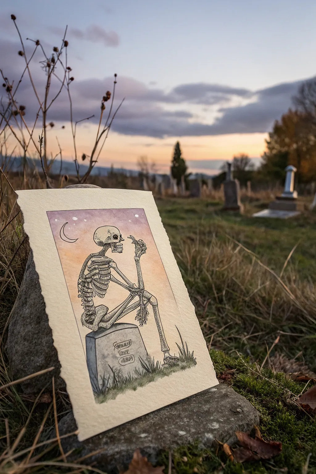 Quiet dusk sketch of a skeleton on a tombstone, minimalist lines and moody contrast.