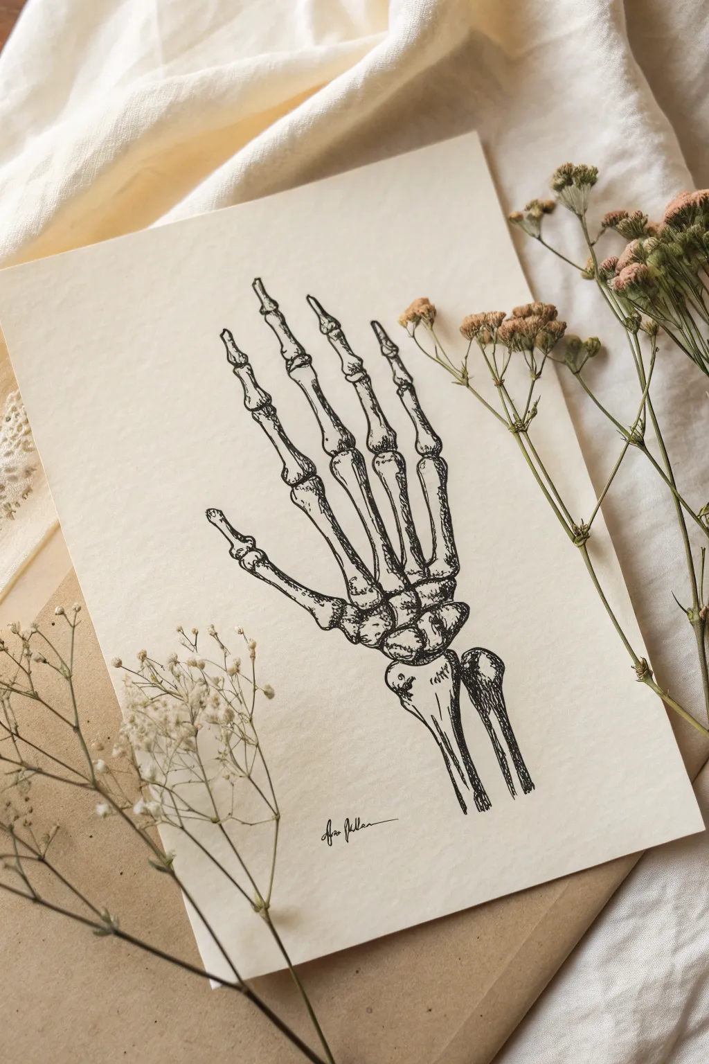 Surreal skeleton hand entwined with vines and tiny blooms, perfect for minimalist boho sketching.