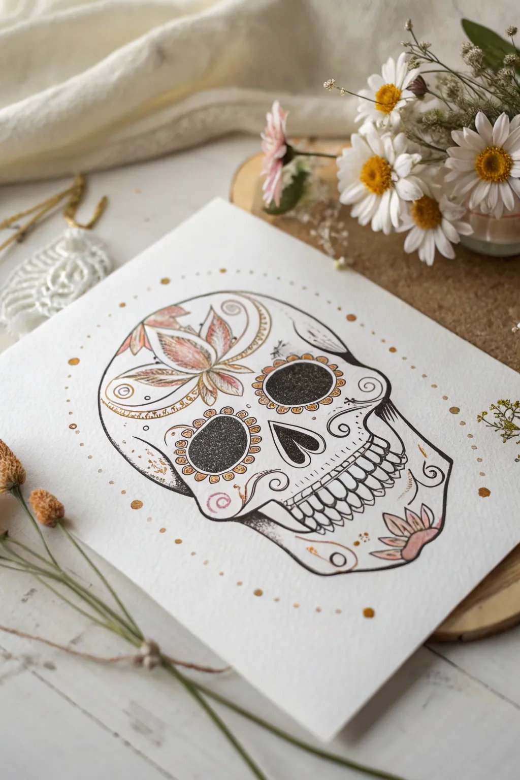 Boho skull art with gold mandala accents and soft glittered florals for minimalist elegance