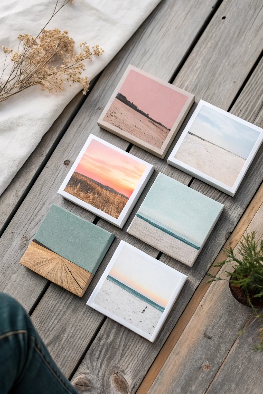 Six tiny acrylic horizons, linked by color and line, in a calm minimalist boho mini series