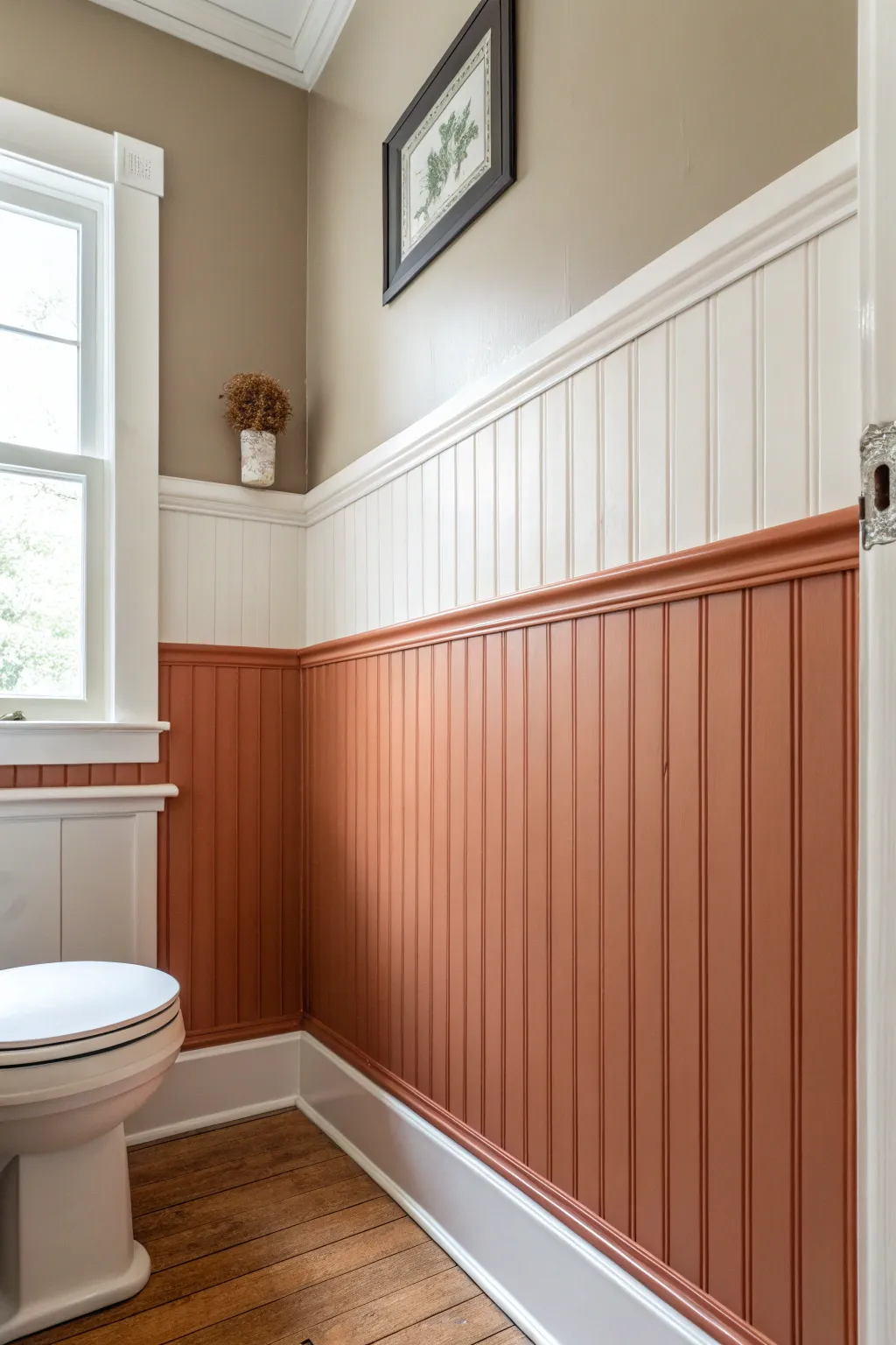 Cream-over-clay two tone beadboard wainscoting draws the eye up, making a tiny bath feel taller.