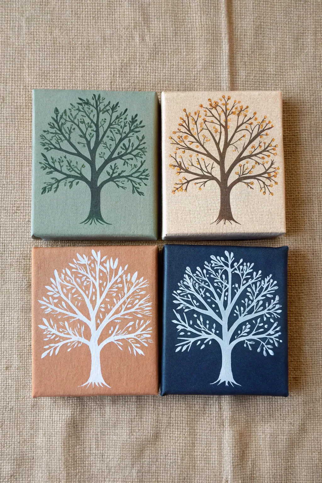 Create a mini four-season tree series on four tiny canvases with bold, simple color blocks.