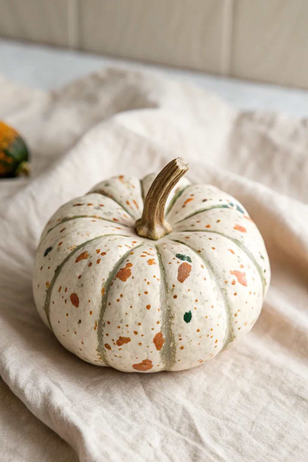 Terrazzo-speckled mini pumpkin in soft neutrals for a modern Scandinavian boho look