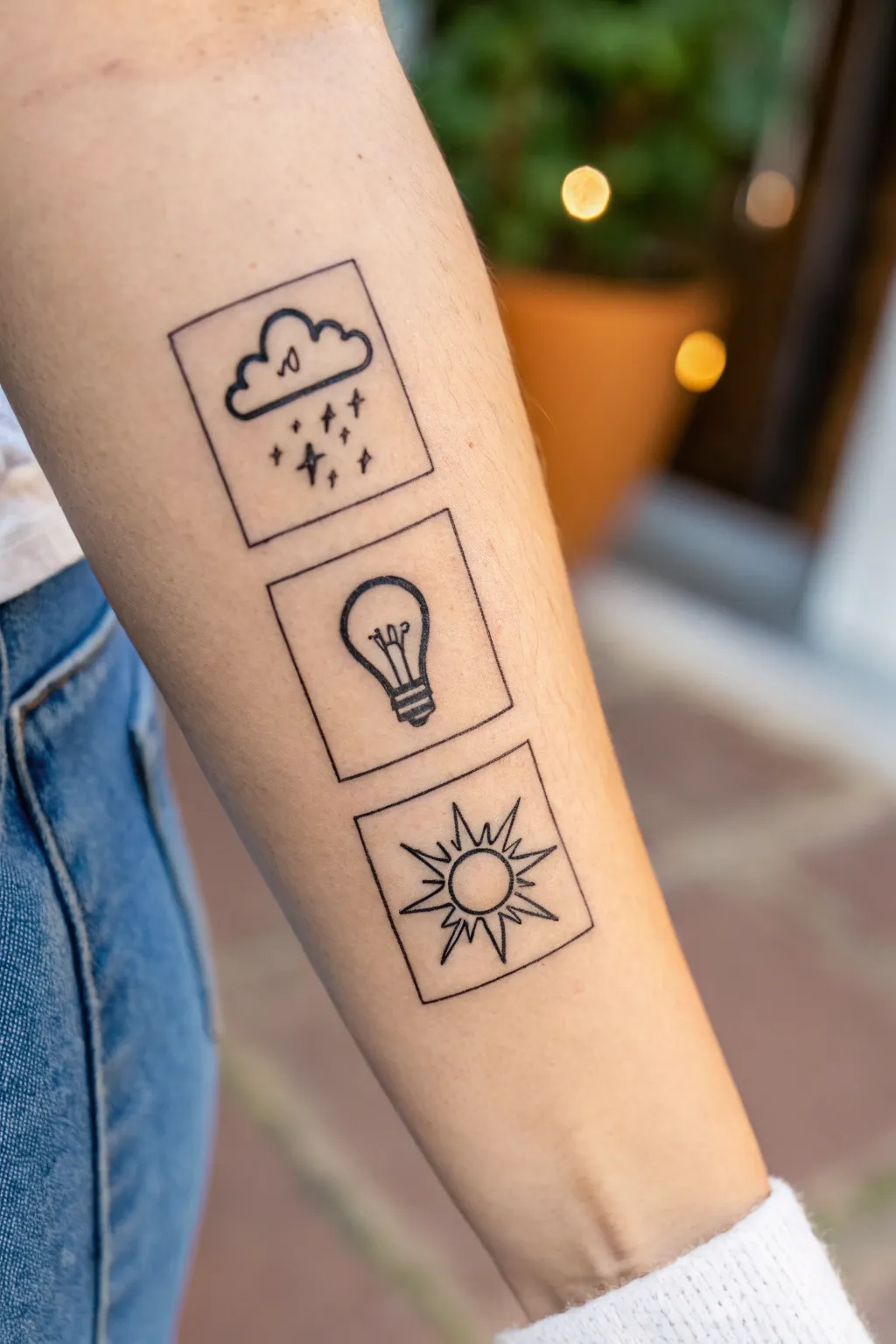 Minimal micro doodle tattoo trio: lightbulb, cloud, and spark in a clean grid on skin.