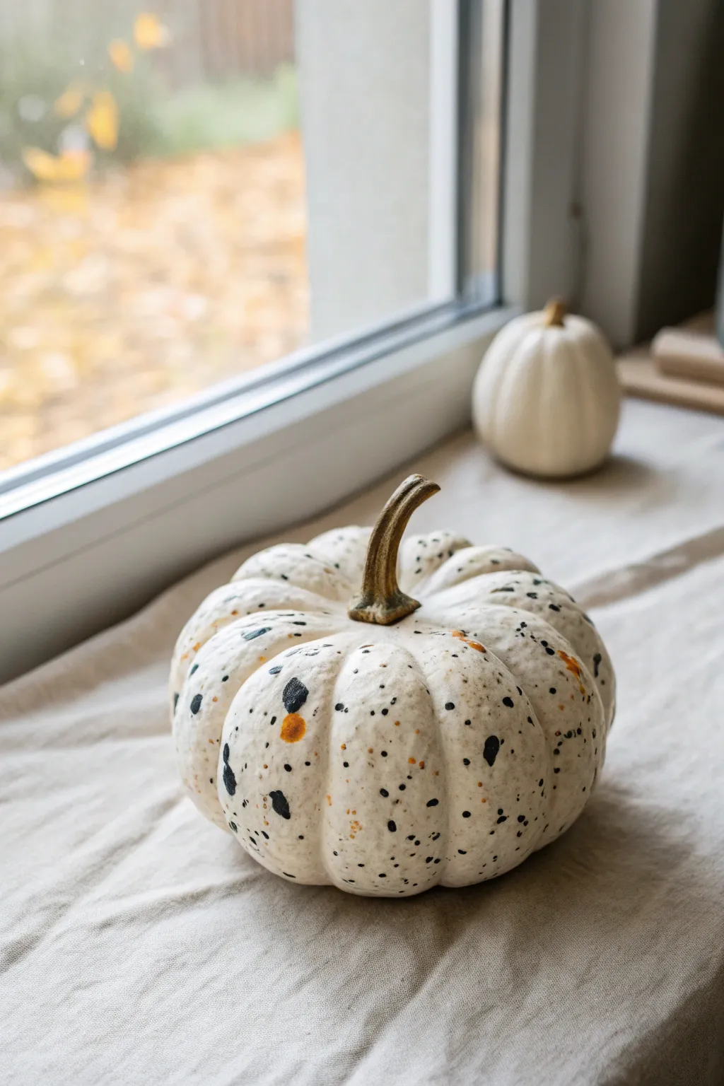 Small white pumpkin with neutral terrazzo speckles for a chic minimalist fall look