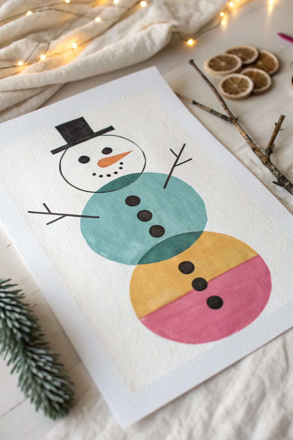 Abstract snowman in bold teal shadows and blush accents for a modern minimalist winter painting