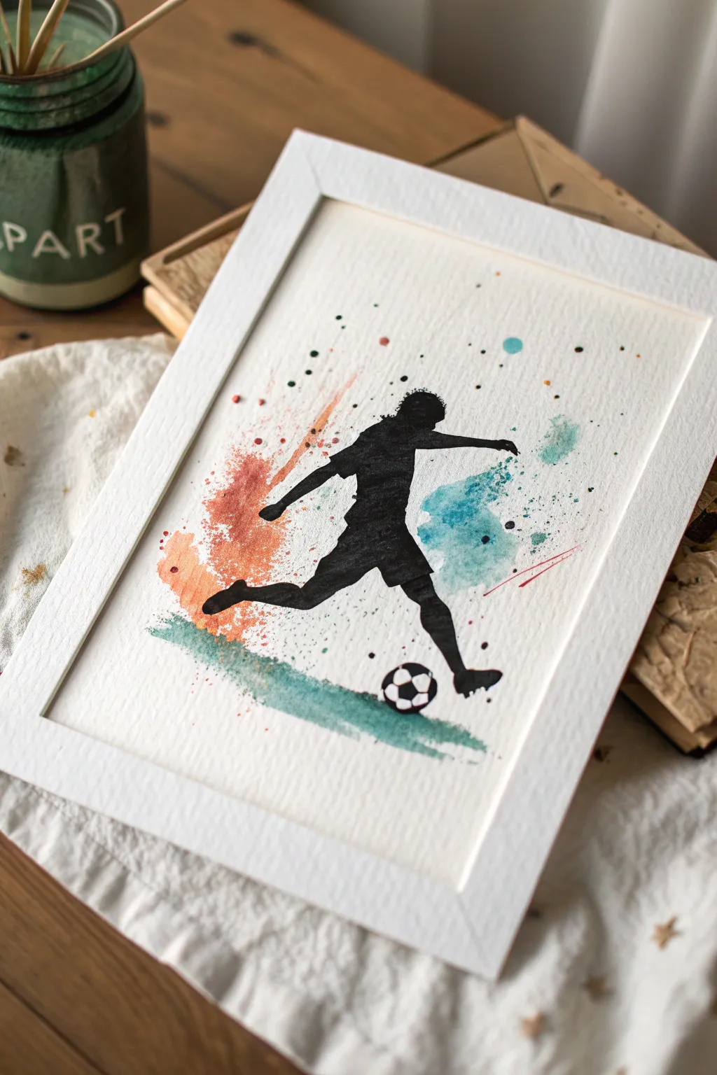 Watercolor soccer kick silhouette with bold splash trails in a clean Scandinavian minimal style