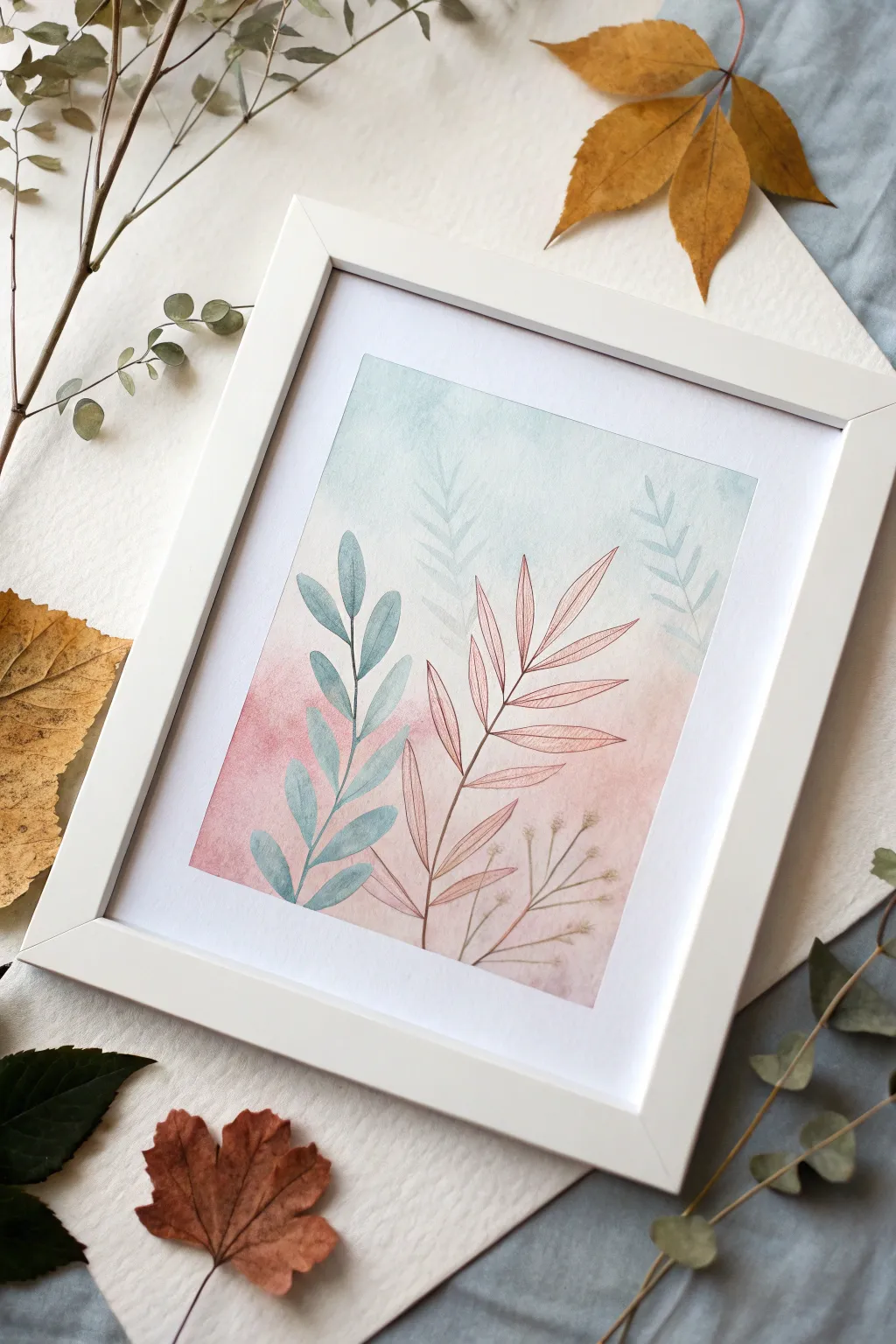 Soft pastel negative space leaves with blended background and crisp paper silhouettes, minimalist boho.