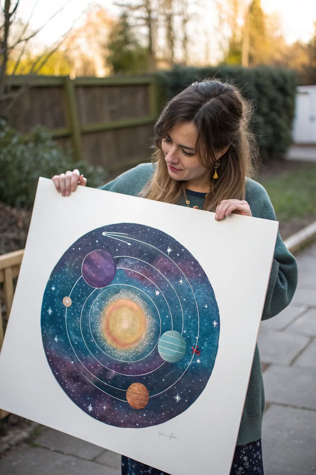 Minimalist circular galaxy window artwork with the solar system, ideal for dreamy watercolor practice