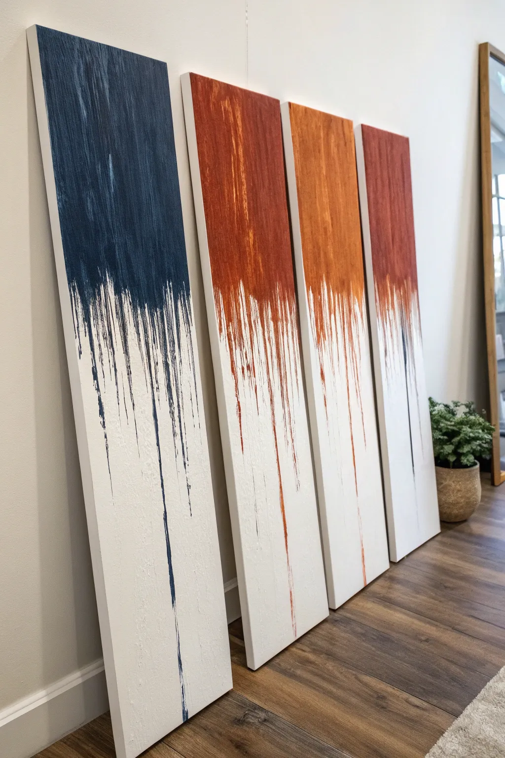 Seamless drip painting across a clean triptych for modern split-canvas drama with handmade texture