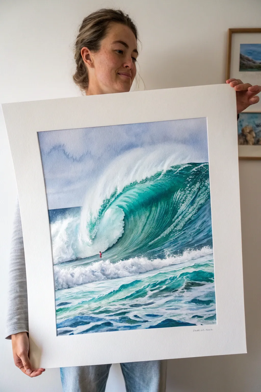 Scandi-minimal surf painting: a lone surfer carving a curling wave in layered blue-greens