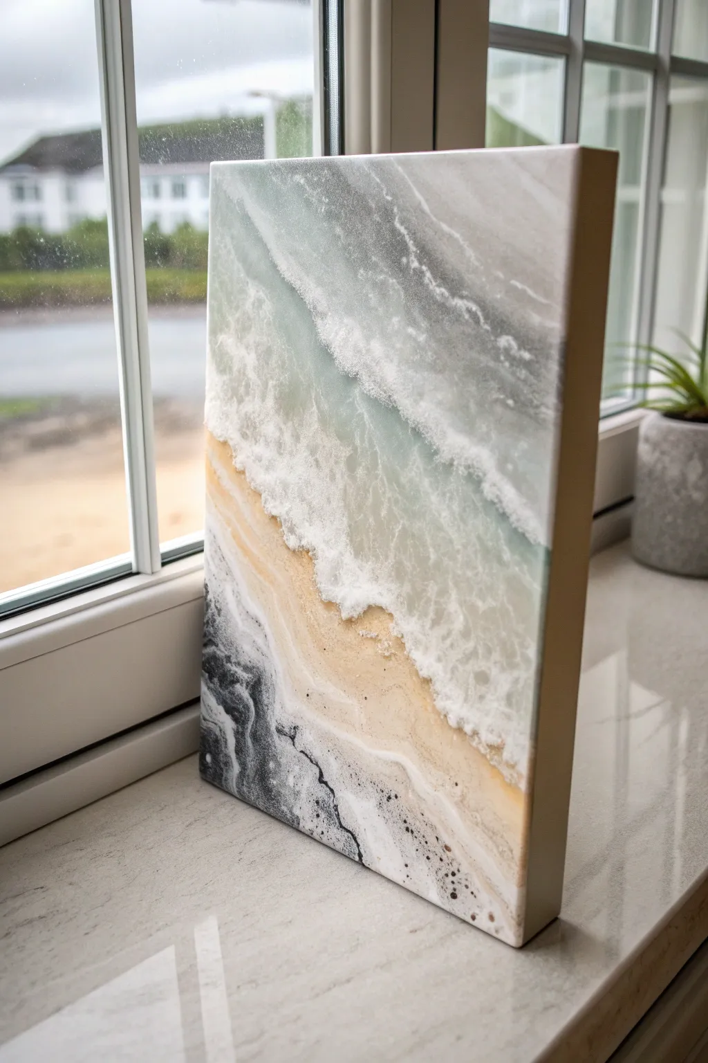 Soft mist-layer marble spray paint: airy veining and cloudy depth on a minimalist panel.