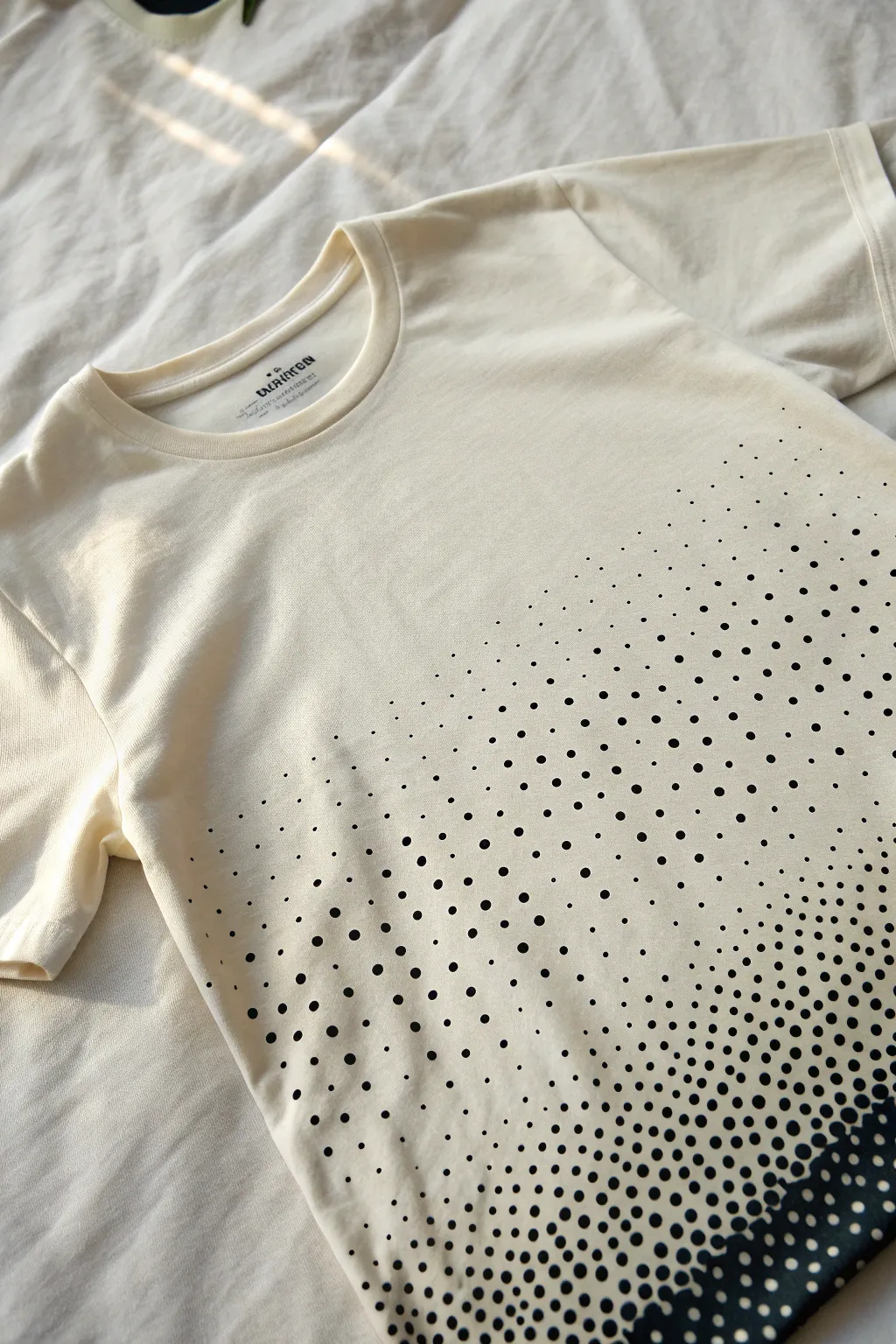 Halftone dot fade stencil on a cotton tee, crisp spray pattern from bold to airy.