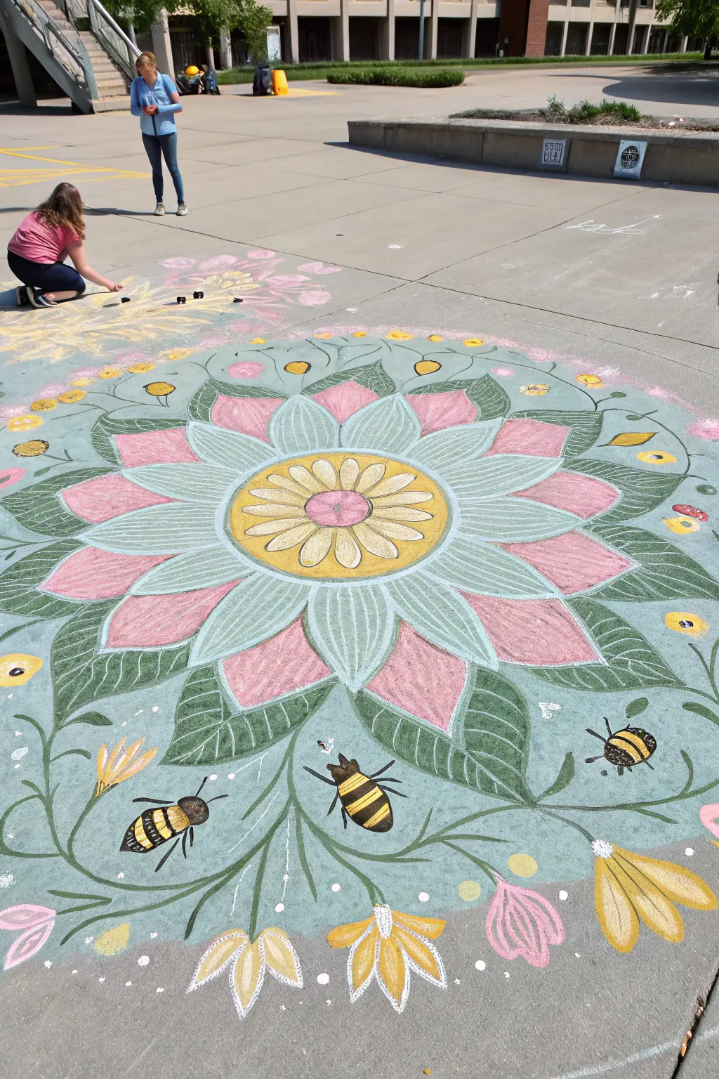 Giant spring floral chalk mandala with tiny bees, bright daylight and clean minimalist contrast