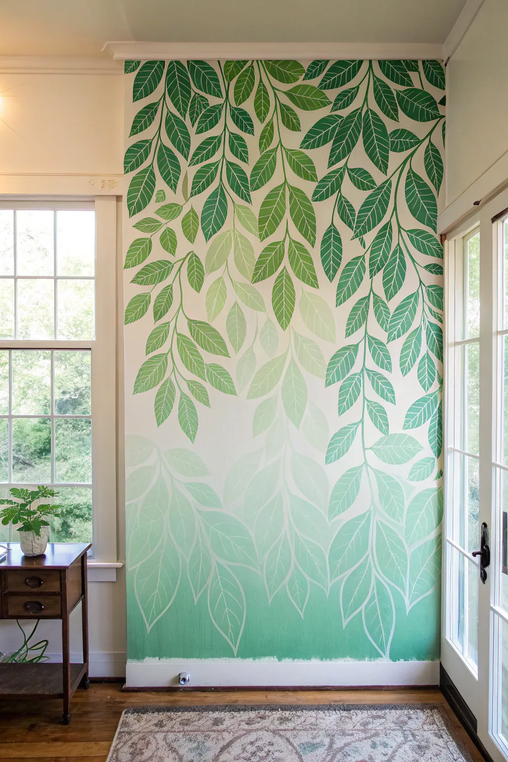 Leaf stencil ombre canopy mural in fresh spring greens, minimalist and softly boho, easy to recreate