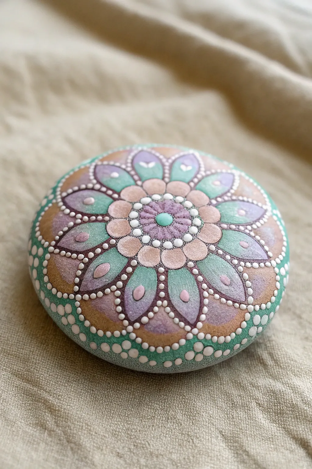 Pastel dot floral mandala on a smooth spring rock, centered and crisp in minimalist boho style